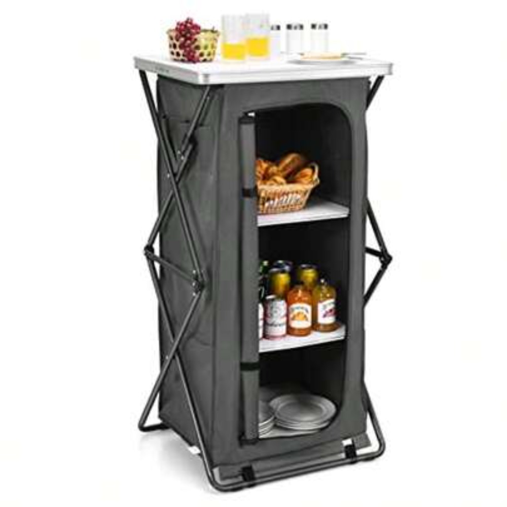 Outdoor Camping Kitchen Setup - Folding Camping Storage Cabinet with 3